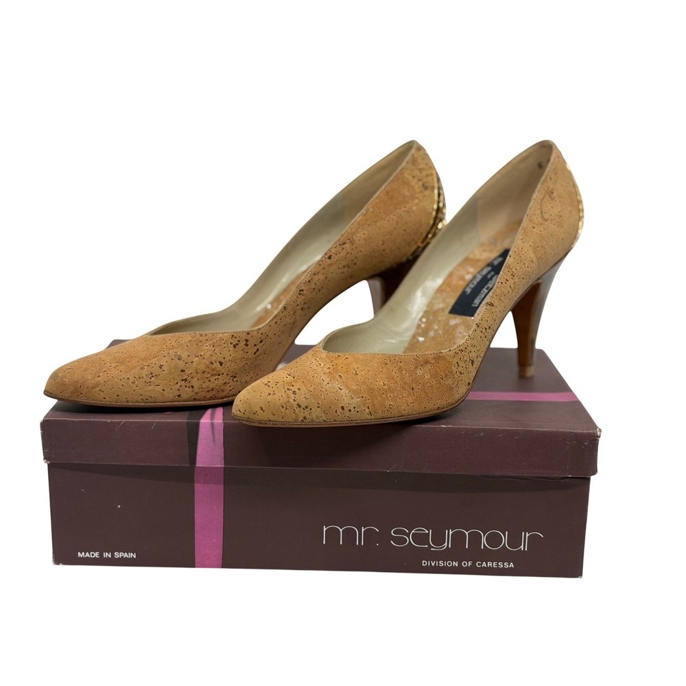 Stuart Weitzman Mr Seymour Cork Pumps Heels‎ Pointed Toe Gold Mesh Size 9 AA